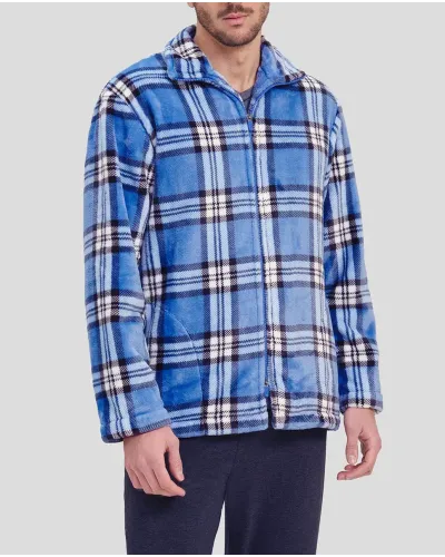Men's short blue checked zip-up winter coat