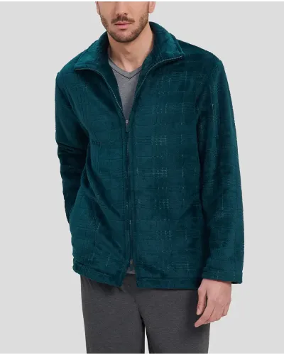 Man in green checked short winter coat with zip and side pockets