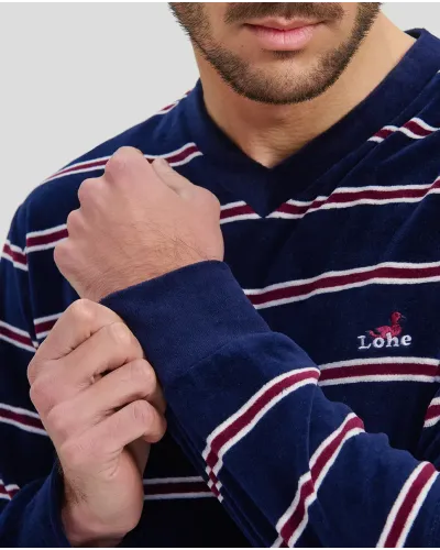 Men's long-sleeved pyjamas for winter in striped velvet with V-neck collar