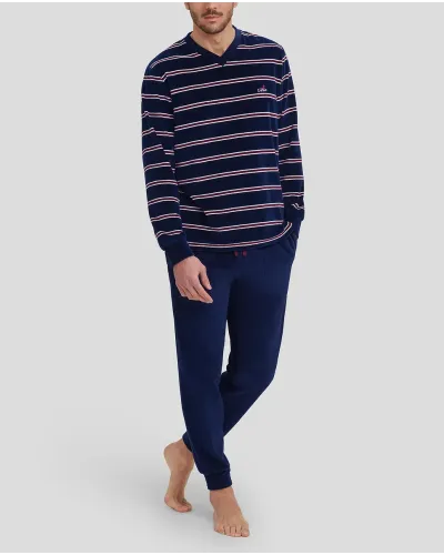 Men's long-sleeved pyjamas for winter in striped velvet with V-neck collar