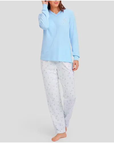 Women's pyjamas with light blue long sleeves with cuffs and v-neck and matching hearts long trousers
