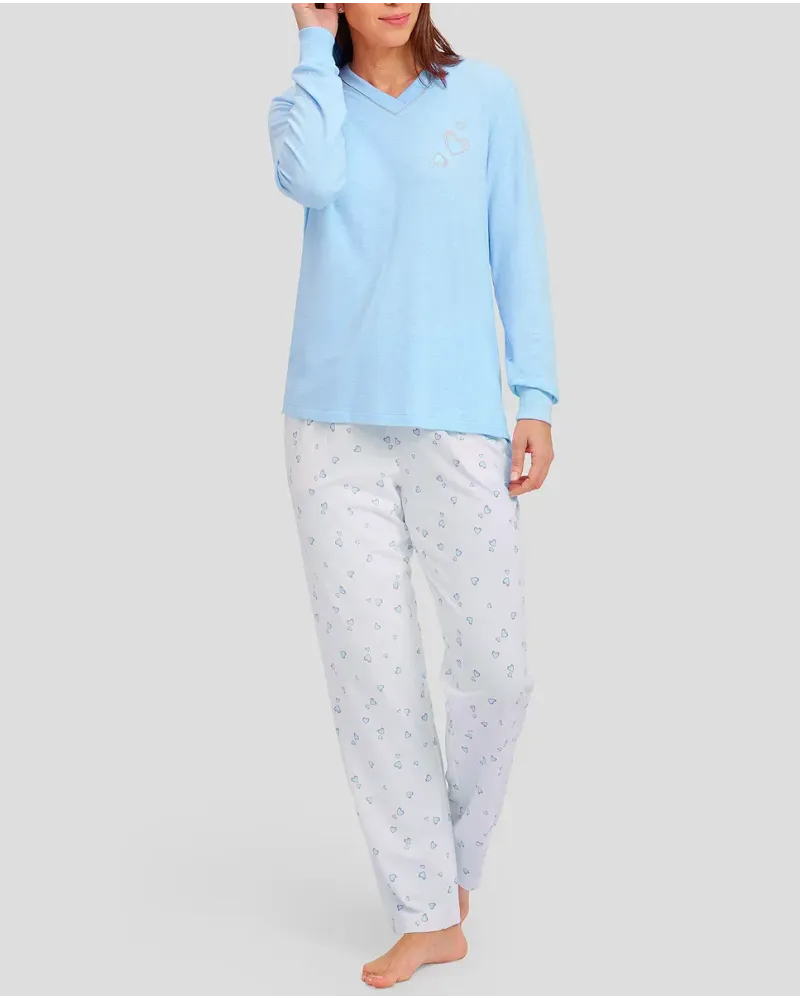 Women's pyjamas with light blue long sleeves with cuffs and v-neck and matching hearts long trousers