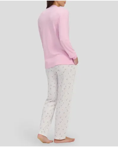Women's pink long sleeved pyjamas with cuffs and v-neck and matching long trousers hearts