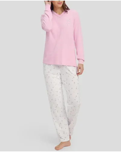 Women's pink long sleeved pyjamas with cuffs and v-neck and matching long trousers hearts