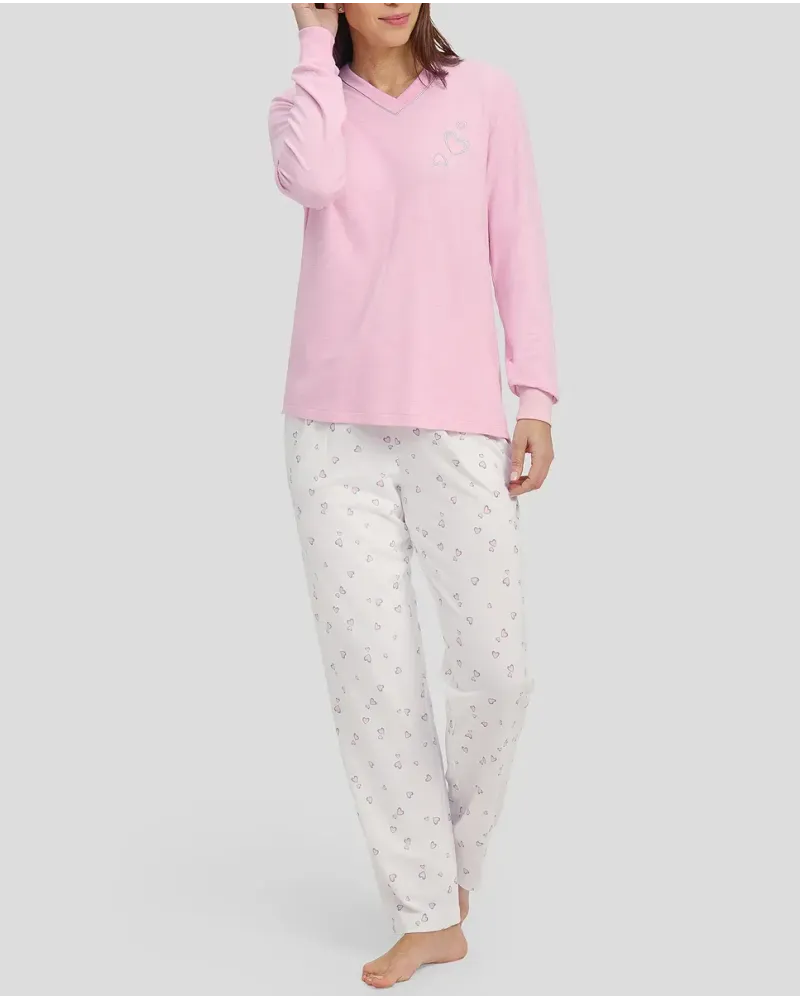 Women's pink long sleeved pyjamas with cuffs and v-neck and matching long trousers hearts
