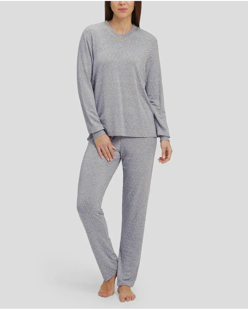 Woman in grey winter pyjamas with diamond pattern with cuffs and V-neck collar