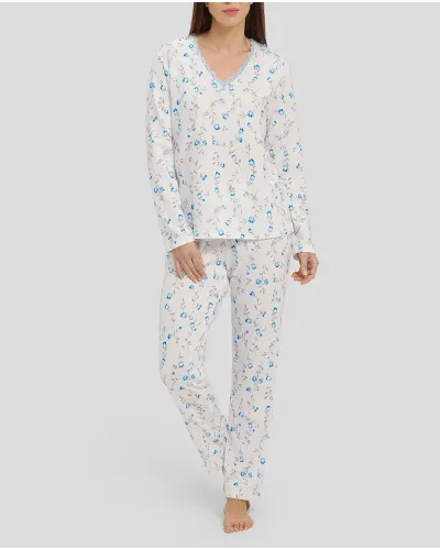 Women's long-sleeved winter pyjamas with light blue floral print and V-neck with lace trimming