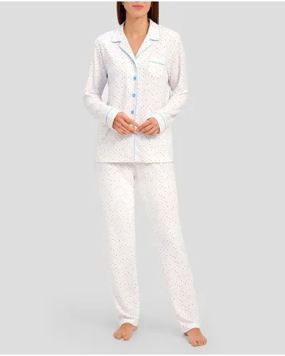 Woman in open shirt pyjamas with long sleeves and light blue heart print