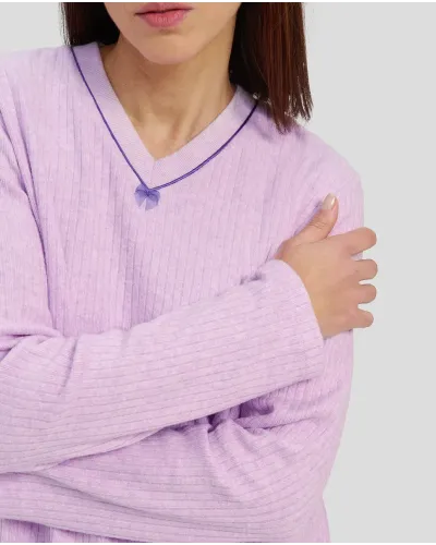 Women's winter pyjamas long ribbed mauve V-neck mauve