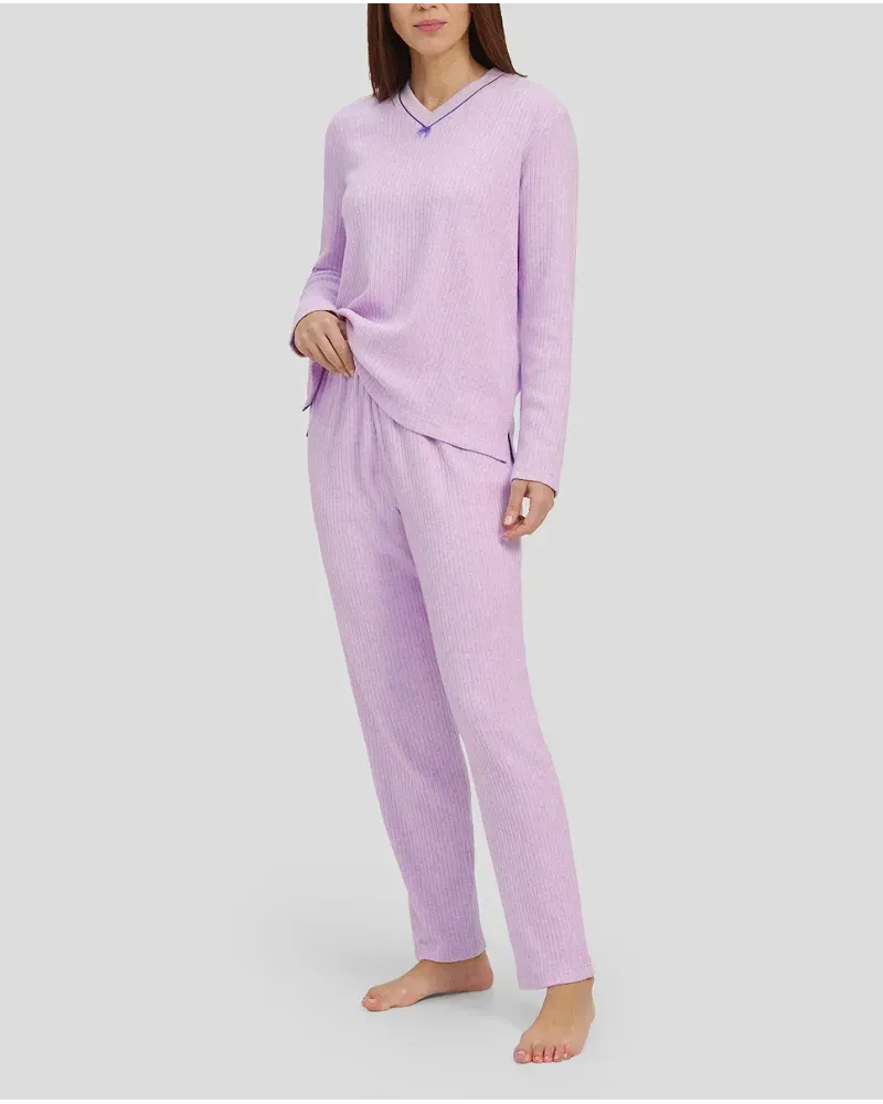 Women's winter pyjamas long ribbed mauve V-neck mauve