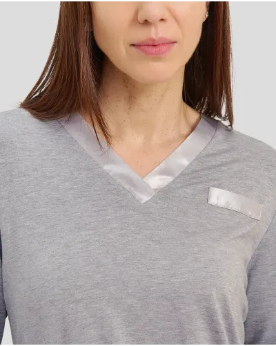 Women's plain grey modal winter pyjamas with contrasting V-neck in satin