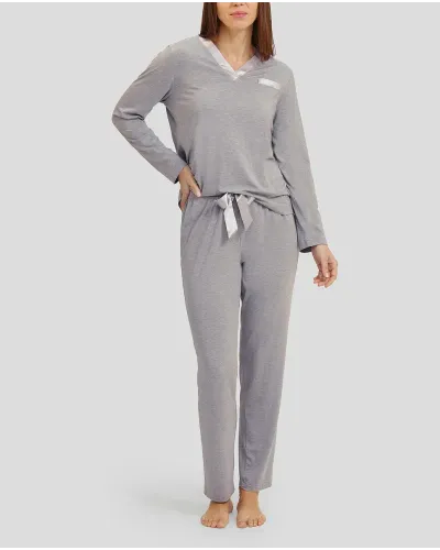 Women's plain grey modal winter pyjamas with contrasting V-neck in satin