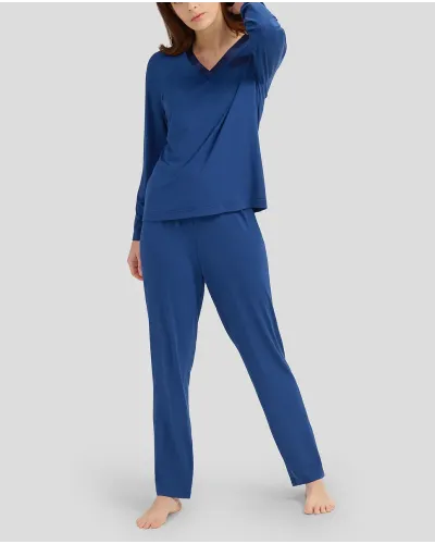 Women's plain navy modal winter pyjamas with contrasting V-neck in satin