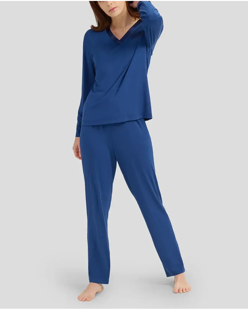 Women's plain navy modal winter pyjamas with contrasting V-neck in satin