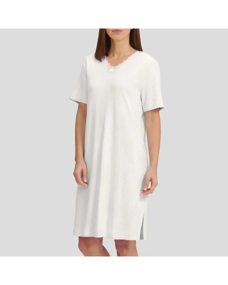 Woman in ivory short sleeve lingerie nightgown