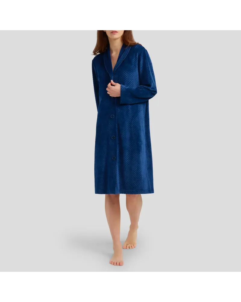 Women's long winter coat in navy velvet with buttoned pockets and button fastening