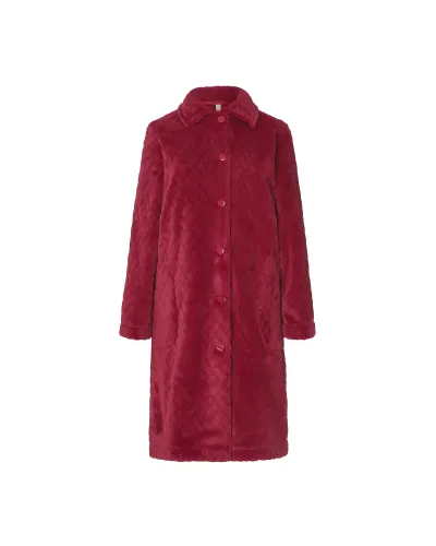 Woman in burgundy long dressing gown with buttons
