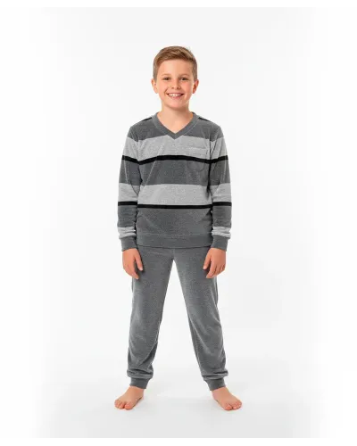 Boy wearing grey striped velvet winter pyjamas with a V-neck, long sleeves and elasticated cuffs.