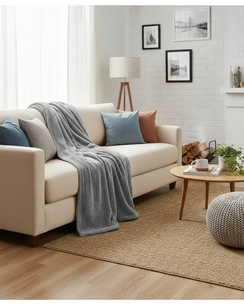 Manta de casa en tejido de espiga amoroso y cálido de color gris sobre el sofá