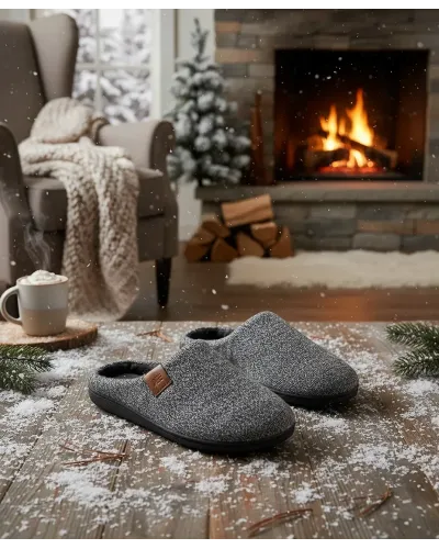 Grey slippers on wooden floor in Christmas living room