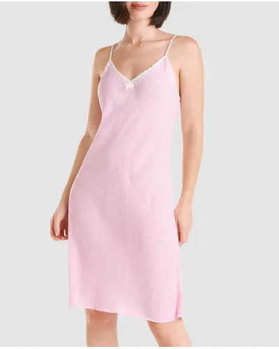Short summer strapless nightdress with pink polka dot print, V-neck and lace trimming