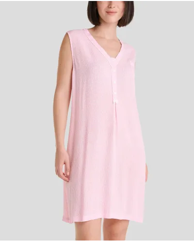 Camisón de mujer sin mangas, jacquard viscosa rosa con topitos blancos, escote en V y botones, bolsillo en pecho