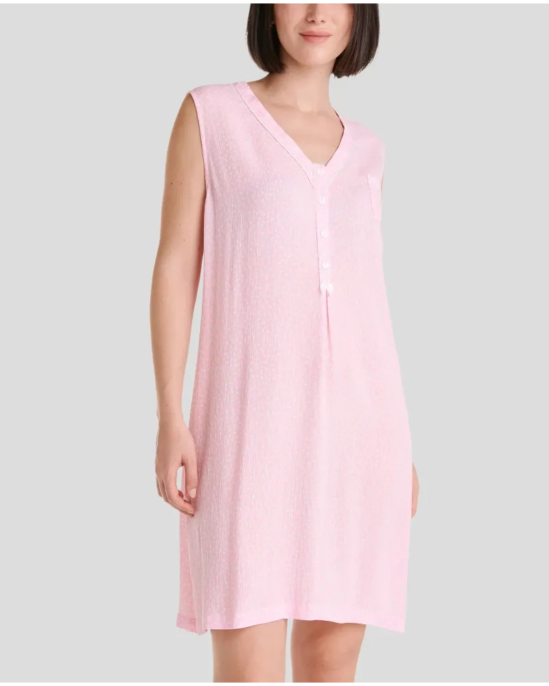 Camisón de mujer sin mangas, jacquard viscosa rosa con topitos blancos, escote en V y botones, bolsillo en pecho