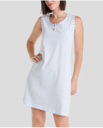 Women's blue striped sleeveless summer nightdress with round neck and decorative pocket