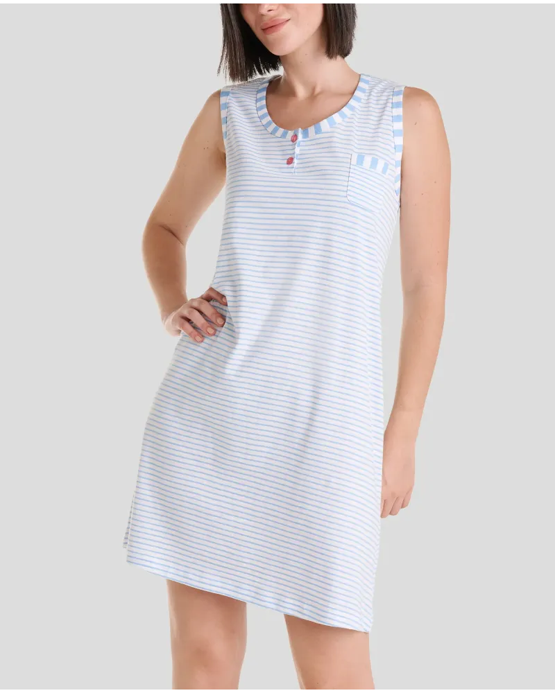 Camisón de mujer para verano sin mangas a rayas azules con cuello redondo y bolsillo decorativo