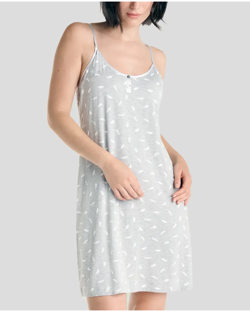 Summery short grey strapless nightgown with feather print
