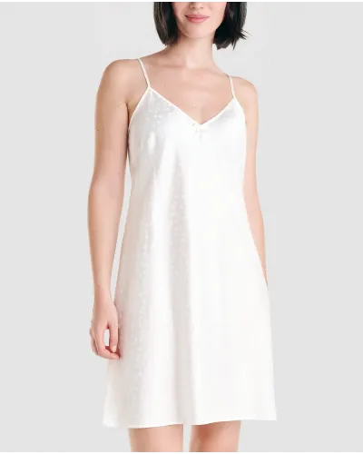 Short ivory satin jacquard strapless nightdress with straps