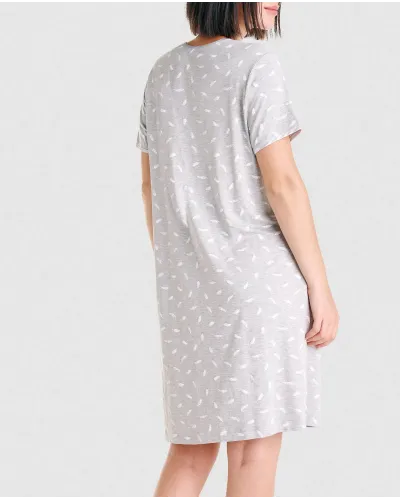 Grey short sleeved summer nightdress with buttons at the neckline and an elegant white feather print.
