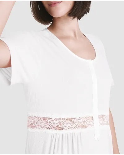 Camisón de verano canalé puntilla de manga corta marfil