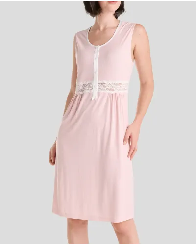 Camisola de verano canalé rosa sin mangas con cuello abierto con pata de raso y botones y encaje en cintura