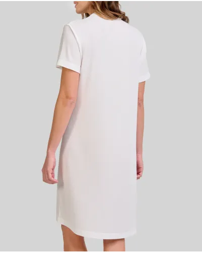 Camisón lencero de manga corta en canalé marfil, cuello abierto y entredos