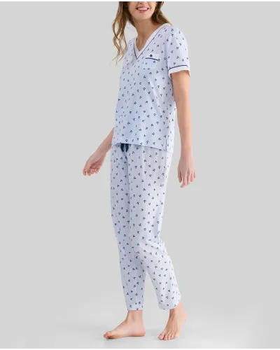 Women's short-sleeved pyjamas in cotton and modal with anchor print and V-neck
