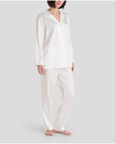 Women's long pyjamas long sleeve open jacket in ivory satin jaquard with pockets