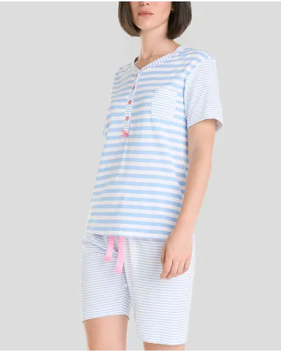 Women's summer pyjama shorts with short sleeves and shorts with blue striped print and pink bow detail at the waist.