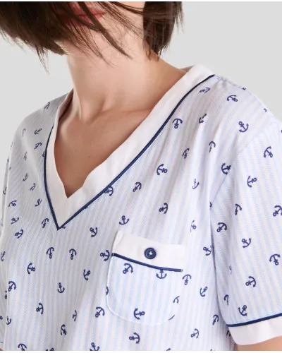 Women's summer pyjama shorts with short sleeves and shorts with V-neck and summery navy anchor print