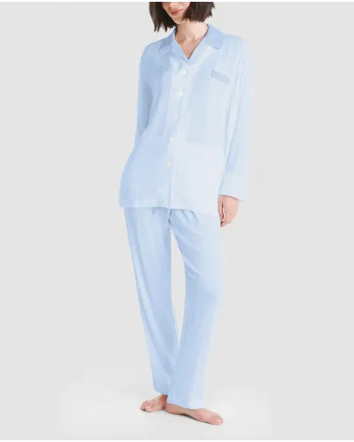 Women's long open pyjamas in blue viscose jacquard with long sleeves, long sleeves and pockets