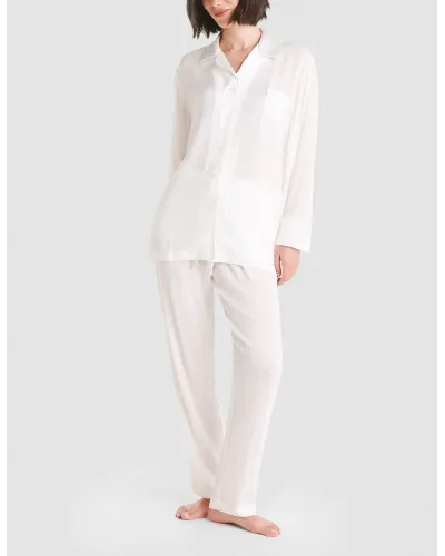 Women's open long-sleeved pyjamas in ivory viscose jacquard with long sleeves and pockets