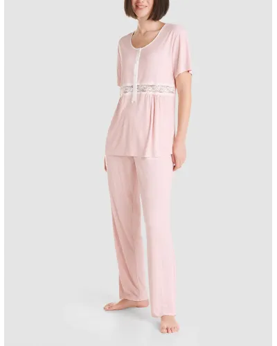 Women's long lingerie pyjamas with short sleeves in pink ribbed, round neck and lace