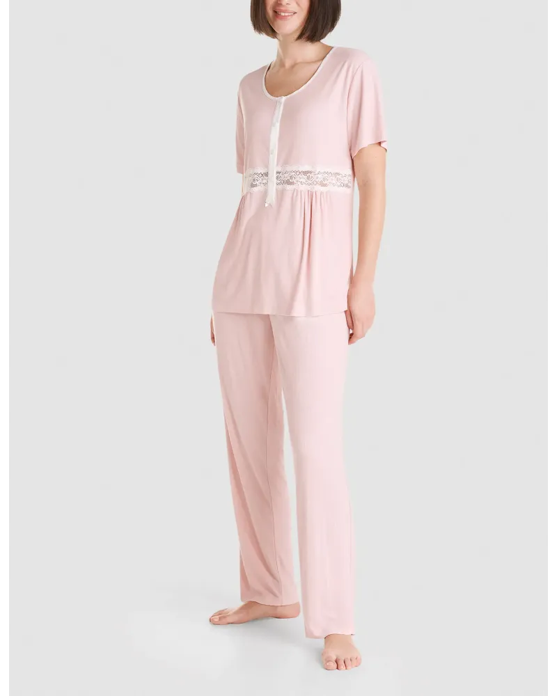 Women's long lingerie pyjamas with short sleeves in pink ribbed, round neck and lace
