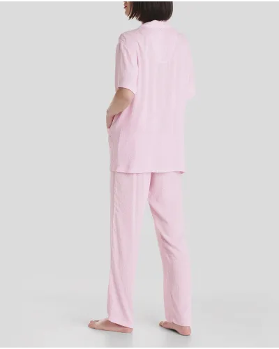 Women's summer pyjamas with open pockets in pink viscose with polka dots, fresh and elegant.
