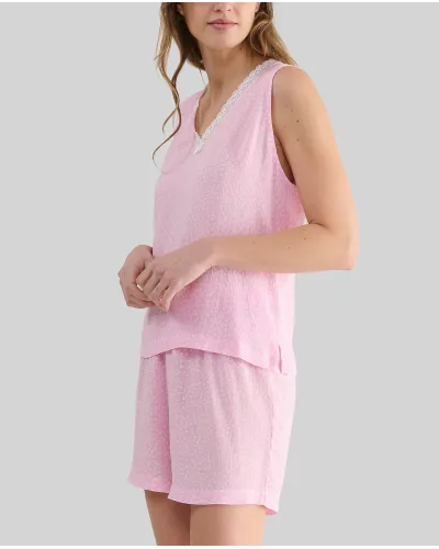Women's short sleeveless summer pyjamas in pink viscose jacquard with polka dots and V-neck with lace trimming