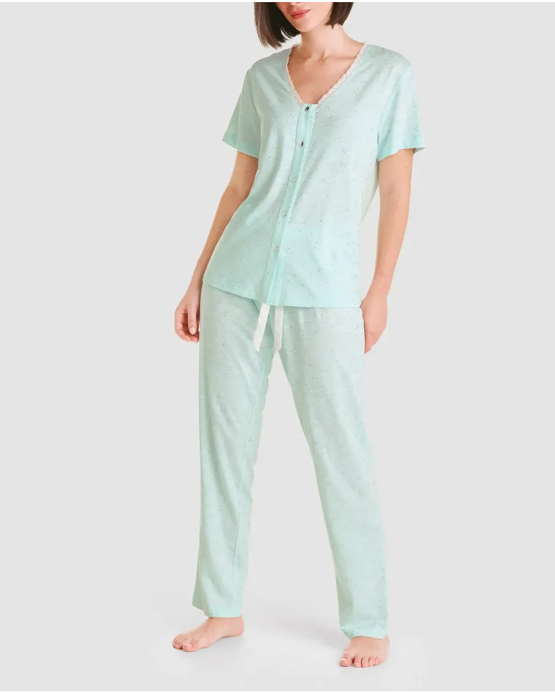 Women's short sleeve summer pyjamas green with silver print details