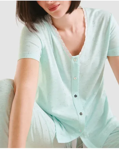 Women's short sleeve summer pyjamas green with silver print details