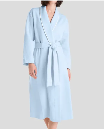 Women's light blue summer lingerie long-sleeved dressing gown, smocking collar with piping on lapel, side pockets and waist belt