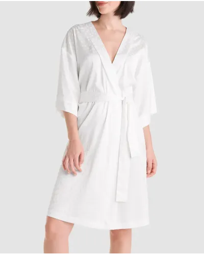 Women's ivory satin summer long crossover gown with pockets and French sleeves