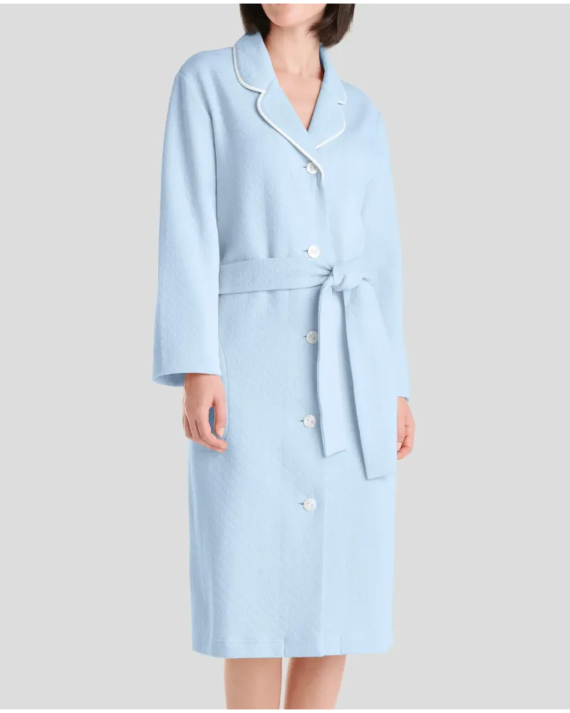 Long-sleeved buttoned open lingerie dressing gown, with light blue waist belt and side pockets and piping details on the collar